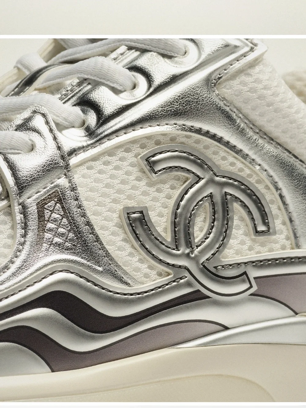 CHANEL White and Silver Metallic Leather Mesh Sneakers - Trainers - 37